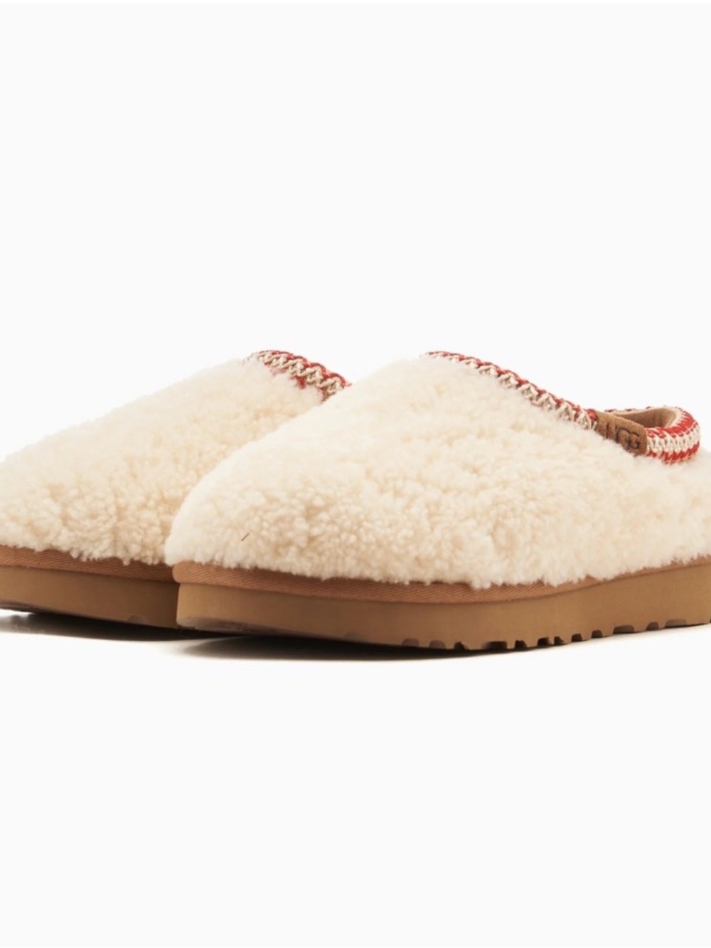 UGG Kids Cozy Sherpa Slippers in Cream and Tan with Red Trim